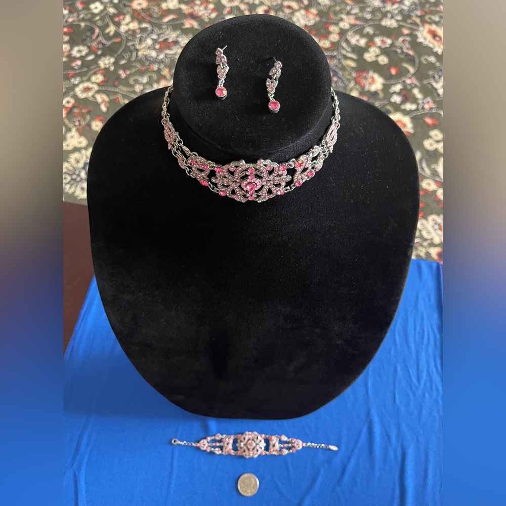 Pink and silver choker necklace set - Picture 4 of 5